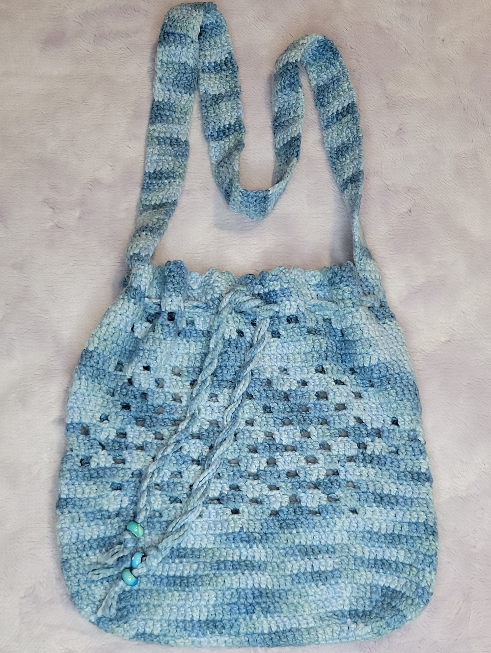 Soft Light Blue Crochet Shoulder Bag with Drawstring